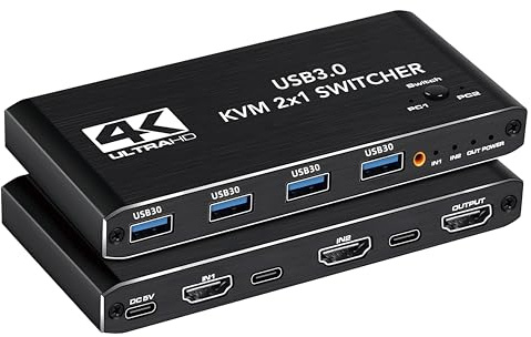 KVM Switch HDMI 4K 120 Hz – Pack Câbles & Adaptateurs Inclus – Commutateur KVM 2 PC 1 Écran USB 3.0 | Boîtier Aluminium Noir Mat Compact 12 cm | Compatible Windows/macOS / PS5 | Plug&Play 0 Latence