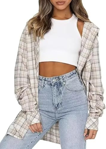 LACOZY Damen-Flanellhemd, kariert, langärmelig, oversized, Buffalo-Karomuster, Kragen, Knopfleiste, Blusen, Tops, L
