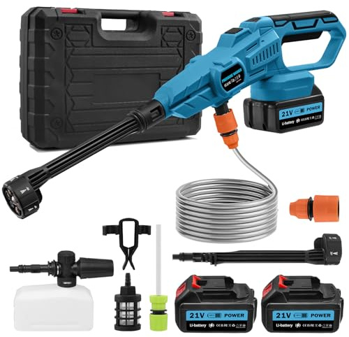 Bellanny 21V Akku Hochdruckreiniger, 120 Bar 2000PSI Tragbarer Druckreinigerpistole, Hochdruckpistole mit 2 Akkus,6-in-1 Düse,5M Schlauch,Schaumsprüher,Cordless Pressure Washer für Auto Terrasse Boden