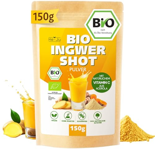 He-Ju Bio Ingwer Shot Pulver 150g, 75 Shots, Vitamin C, extra scharf, vegan