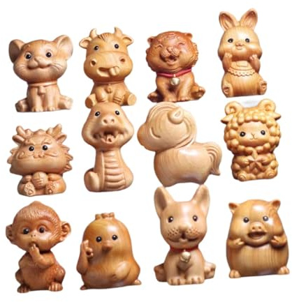 PawwJoy Lot de 12 figurines d'animaux en bois sculptées à la main du zodiaque chinois Feng Shui pour décoration de table de bureau, collection de loisirs créatifs