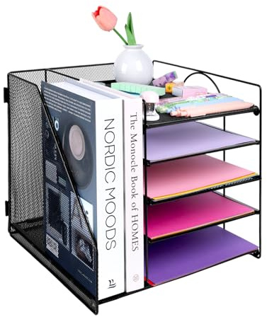 EasyOFC Organizador de escritorio con soporte para archivos, organizador de bandejas para cartas de 5 niveles, almacenamiento de escritorio de malla con soporte para revistas para suministros de