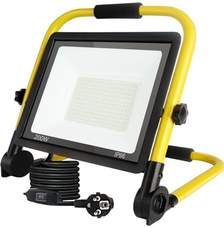 LED-bygglampa, 200 W, bärbar arbet, ultraljus, färgtemperatur 6 000 K, vattentät IP66, EU-kontakt med 3,5 m kabel och strömbrytare, lämplig för verkstad, garage, trädgård