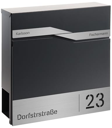 FORGARD Briefkasten Model Trelleborg Anthrazit (RAL 7016) mit Straße, Hausnummer und 2 Namen, Zeitungsfach