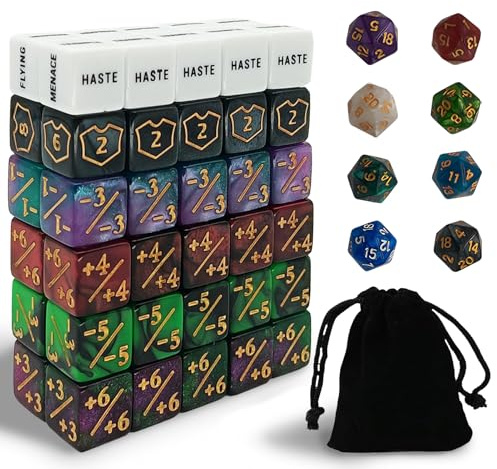 Juego de dados de 68 piezas para TCG, RPG y juegos de mesa, incluye bolsa de terciopelo, compatible con Magic The Gathering y Dungeons & Dragons con 10 dados de palabras clave, 10 dados de dígitos, 40