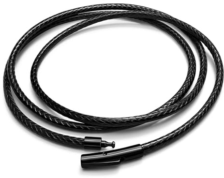 Hoyazvet 3MM Black Rope|Black Clasp Waterproof Braided Leather Necklace Cord for Men Women Black Wax Rope Chain for Pendants, 22 Inch Lengths(Gift Box)