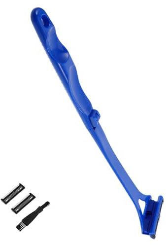 STOBAZA Cortapelos para Espalda para Hombre con Mango Antideslizante Cuchilla de Seguridad Reemplazable Cabezal Ajustable de Tres Afeitadora Manual Portátil para Uso Seco y Mojado Color