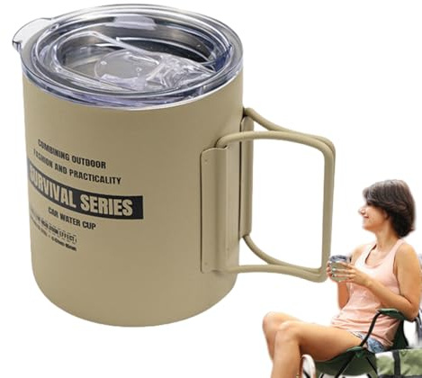 xyensy campingmugg i rostfritt stål, campingmugg i rostfritt stål – mjölkkopp med fällbart handtag och lock, bärbar 320 ml mugg för picknick, vandring, backpacking och utomhusaktiviteter