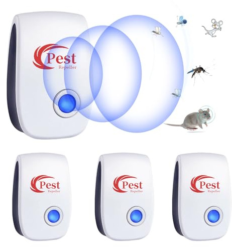 Repelente Ultrasónico de Plagas, 4 Pack Electrónico Repelente Mosquitos Insectos Control de Plagas,Repelente Ultrasónico Ratas para Interiores Anti Cucarachas, Moscas, Mosquitos, Ratones, Arañas