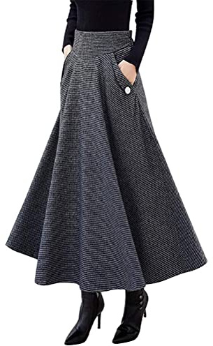 IDEALSANXUN Women’s Fall/Winter High Waist Plaid Slim A-line Long Skirt, Dark Grey, M