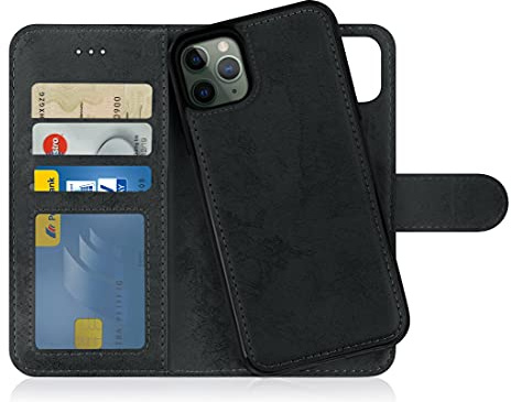 MyGadget Flip-fodral för iPhone 11 Pro Max - [avtagbart magnetfodral] - mobilfodral av konstläder - [flipfodral med kortplats] skyddsfodral i gråsvart