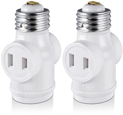 2 Outlet Light Socket Adapter, E26 Bulb Socket to Outlet Splitter,Converts Medium Screw Socket into a Socket with Two outlets,Polarized Outlet.UL Listed,White (2-Pack)
