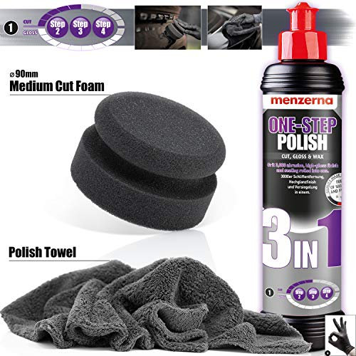 detailmate Set lucidante per Auto con Menzerna Medium Cut One-Step-Polish 3in1 250ml + Spugna per lucidatura Realizzata in Germania + Panno in Microfibra Ultra soffice 550GSM + 1 Guanto Protettivo