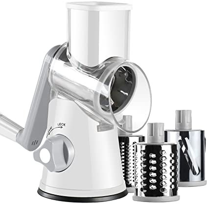 Ancevsk Rotary Cheese Grater, Manual Round Mandoline Vegetable Slicer with 3 Interchangeable Blades, Safe Food Shredder Nut Grinder for Potato, Carrot, Garlic, Walnut (White)