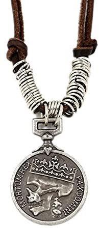 ODETOJOY Klassische Münze Anhänger Halskette Skull Steampunk geschoben Schmuck für Männer Herren Halskette aus braun Leder mit silberfarbenen Totenkopf-Münzen-Anhänger und Samtbeutel
