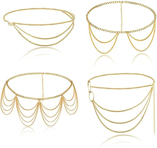 LOLIAS 4 Stück Bauchkette Gürtel für Damen Mädchen Taillen Ketten Goldene Körperketten für Sommer Strand Bikini Kostüm Körperkette Schmuck 90-130cm Gold