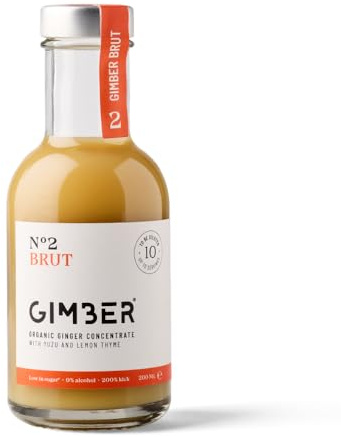 Concentrato di zenzero biologico Gimber, con il 50% di zucchero in meno | N°2 200 ml Brut | Concentrato di zenzero biologico, bevanda analcolica a base di zenzero, yuzu e timo limone