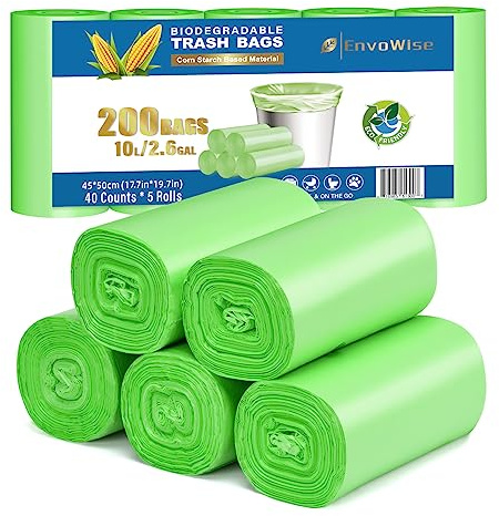 Biodegradable Small Trash Bags, 3 Gallon / 10L, 200 Count | Premium Thick Garbage Bags, Unscented Eco-Friendly Bin Liners for Kitchen, Bathroom, Office & Bedroom | EnvoWise Compostable Trash Bags