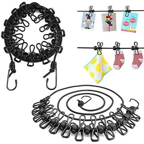 VENGABY 2 Stück Tragbare Wäscheleine Camping, Elastische Wäscheleine Ausziehbar Reisewäscheleine mit 12 Stück Klammern und 13 Stück Positionierung Wölbungen für Reise Urlaub Outdoor Camping Wohnheim