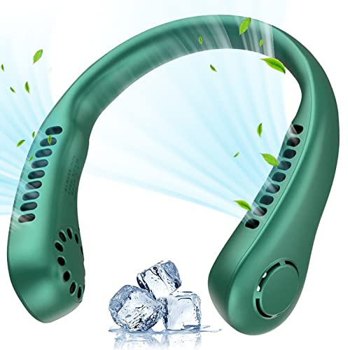Kayan Neck Fan, Portable Neck Fan Rechargeable Personal Fan, 3000mAh USB Wearable Hands Free Fan, 4+1 Speeds Cooling Fans, Leafless Hanging Bladeless Mini Neck Fan Men Outdoor Indoor (Green)