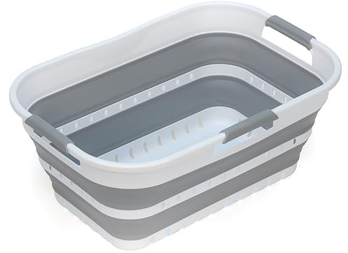 SAMMART 21L Super Mini Zusammenklappbarer Kunststoffkorb mit 3 Griffen – Faltbarer Pop-Up-Aufbewahrungsbehälter/Organizer – Platzsparender Geschenkkorb/Korb (Weiß/Grau)