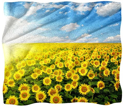 Fleece-Überwurfdecke für Couch, Sofa oder Bett, gemütliche, weiche Decken, Landschaft, gelbe Sonnenblumen, Himmel