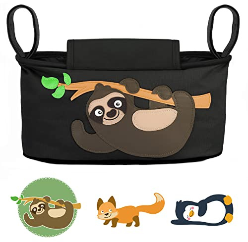 GLÜCKSWOLKE Bolso Carrito Bebe - 12 Motivos I Organizador para Coches de Paseo I Accesorios para Cochecito para Mama I Bolsa Carro I Bolsos Sillas de Paseo I Motivo Perezoso (Negro)