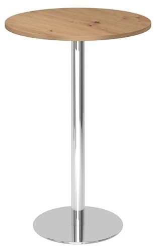 bümö Stehtisch Büro, Bistrotisch rund 80 x 80 cm - Bartisch Asteiche, Stehtisch Holz-Platte, Säule aus Metall verchromt, Buffettisch, Säulentisch, Partytisch, Thekentisch, Hochtisch, Barmöbel