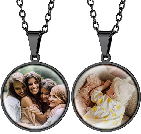 Supcare Damen Doppelseitig Foto Personalisiert Erkennungsmarke Dog Tags Halskette aus Edelstahl Rund Anhänger Militär Police Armee Kette für Frau Jungen mit Geschenkebox Rund-Schwarz