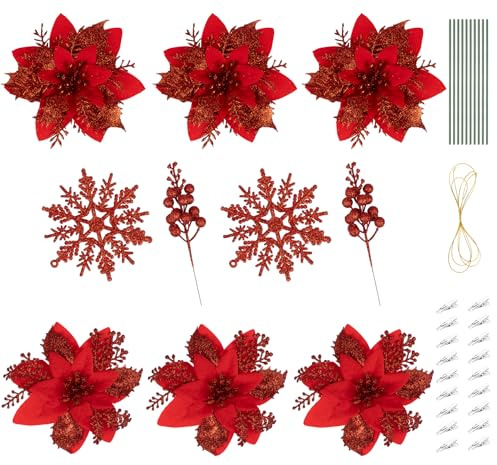 ilauke 34 Stück Künstlicher Weihnachtsstern, 2 Größen Weihnachtsblumen Künstlich mit Beeren, Schneeflocken, 25 Clips, 25 Rhizome und Hängeseile für Weihnachtsbaum Dekorationen Kränze(Rot)