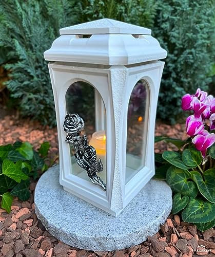 Grablampe Grablicht Laterne Grablaterne in Weißer Farbe Mit Rose NEU - Kerze Grabkerze Grabdekoration 29 cm H. Grabschmuck Neues Modell Ohne Sockel