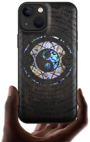 Carveit Coque Magnétique pour iPhone 13 Étui de Protection TPU, Gravure en Bois et Incrustation de Coquille Cover Compatible avec 13 Magsafe Artistique Coque (Bois Sombre-Yin Yang et étoile)