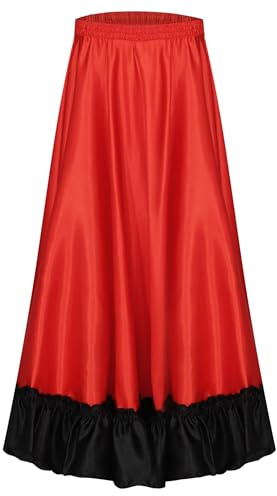 Freebily Kinder Mädchen Spanisches Flamenco Rock Tanzrock Spanischer Stierkampf Rock Latin Standard Ballsaal Rock Swing Wettbewerbsrock A_Rot-360grad 134-140