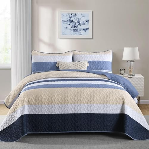 Dinjoy Boho Striped Quilt California King Quilts Sets,Blue/Grey Cal King Bedspread Lightweight Bedding Set Oversized Beds Coverlet for Summer Men All Season - 3 Piece