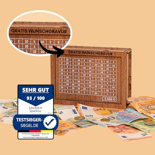personalisierte Spardose 1000€ SparBox – das Original mit Gravur • wiederverwendbar • 6 Größen • fertig aufgebaut • Zahlen zum Ankreuzen • Geschenk für Kinder & Erwachsene • erreiche Dein Sparziel