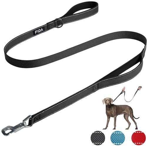 Fida Heavy Duty Dog Lead, 1.5M/5FT Dog Leads for Medium/Large Dogs, Black | Traffic Handle for 40CM Close Control, Heavy Duty Quick-Snap Hook, Reflective Stitching, for Day & Night Walks, for Training