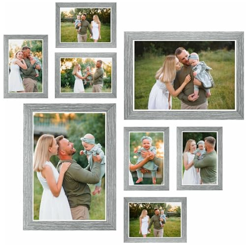 Collage Picture Frame Set, Black, Set of 8, A4 and 6 x 4 Multi Frames, Picture Photo Frame Set, Wall Collage (Light Grey, 6X4 and A4)