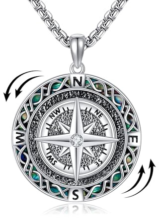HUKKUN Fidget kompass halsband sterlingsilver abalone skal rädsla kompass halsband examen smycken gåva för män, Sterlingsilver