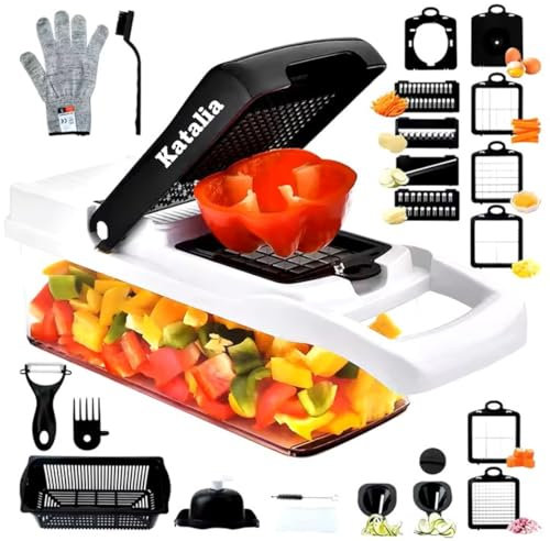 Katalia Mandolina de Cocina Multifuncional 26pcs Cortador de Verdura Picadora Manual Calabacin Espiralizador de Verduras Cortador de Patatas Rallador de Verduras Picador de Verduras