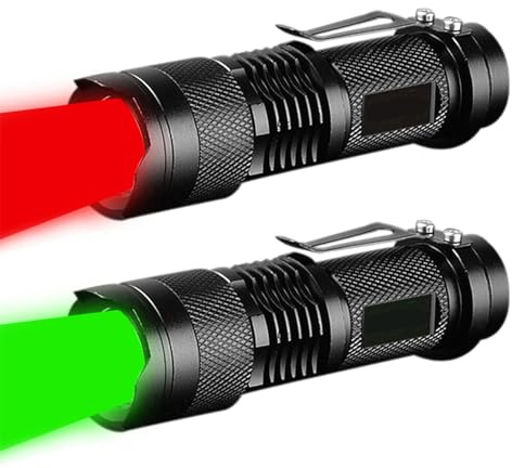 MVIOCS Paquete de 2 linternas LED, mini linterna roja, verde y azul, linterna LED con 3 modos, luz impermeable con zoom para camping, al aire libre, astronomía nocturna (rojo y verde)