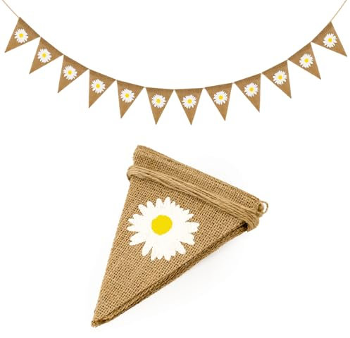 G2PLUS Marguerites Guirlande Fanions Toile de Jute, Drapeaux Triangle Bannière Vintage Bannière de Marguerites Rustiques pour Fête à Thème de Marguerite, Anniversaire,Mariage