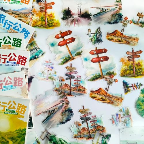 Scrapbooking Zubehör Stickers Set,Travel Scenery Themed Scrapbook Aufkleber,180 Pcs PET Aesthetic Stickers Decorative for Bullet Journal Zubehör,Journal,Notebook,Photo Album(Travel Highway Series)