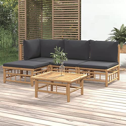IKAYAA Gartenmöbel Set Bambus Garten Lounge Set Bambus Lounge möbel Outdoor Loungemöbel Balkon Gartensofa Bambus Ecklounge Outdoor mit Kissen-Dunkelgrau-5-tlg
