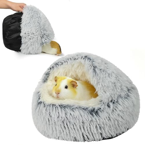 Guinea Pig Hideout, Doughnut Guinea Pig Bed, Hamster Rabbit Bunny Bed(Grey) | Washable Hamster Rabbit Bunny Bed with Hooded Cover, Calming Round Cave Beds for Small Animal Bunny Rabbit Hideout