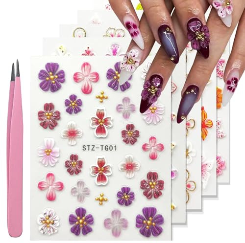 ASOMI 5 Blatt Blumen-Nagelaufkleber für Nagelkunst, 5D-geprägte Nagelaufkleber, Mit Pinzette, Blumen-Nageldekoration für Frauen, 3D-Nageldesign