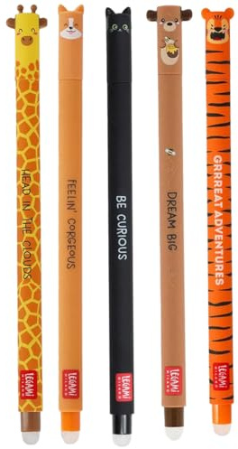 LEGAMI - 5er Set Gel-Radierstifte, Erasable Pen, Stifte mit radierbarer Tinte, Gelschreiber Radierbar ohne Blatt zu verbrauchen, 0,7 mm Spitze, verschiedene Tintenfarben und Tiermotive