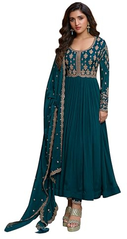 TRENDMALLS Damen Seidenmischung Stickerei Anarkali Kurta Hose Set mit Dupatta Salwar Anzug Set für Frauen, blaugrün, XL