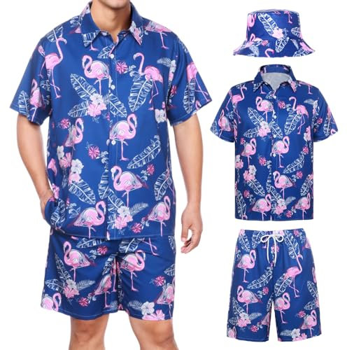 Joyesplay Hawaii Hemd Männer 3 Pcs Hawaii Outfit Herren mit Flamingo Hemd Shorts Fischerhut Hawaii Hemden für Sommer Beach Hemd Poolparty (Blau01, XL)