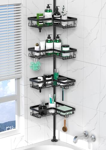 Cooeco Etagere Douche,Etagere Telescopique Douche sans Percage,avec 4 paniers, étagère de Salle de Bain(Noir)