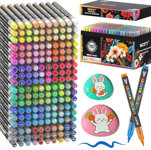 NICETY 180 Colours Acrylic Paint Pens - Brush Paint Markers for Rock Painting Stone Wood - 0.5-6MM Brush Tip Water Based Acrylic Markers
